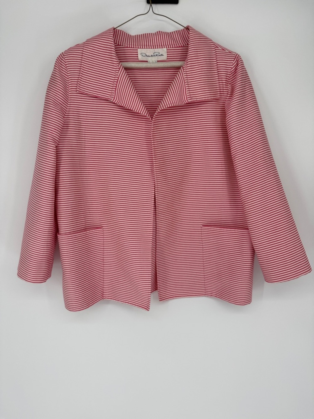 Oscar de la Renta Red White Stripe Wool Cotton Blazer Jacket sz 12 Made in Italy